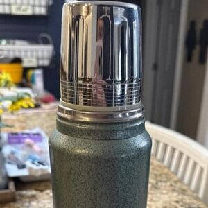 Vintage Aladdin Stanley Style? Thermos Bottle Green Chrome Stopper Lid Hot Cold